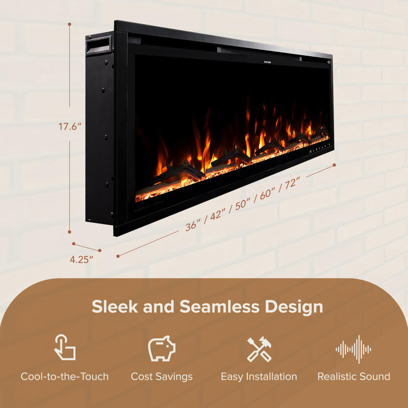 Ultra Thin Aerus Slim Recessed or Wall Mounted Electric Fireplace, Alexa/Wifi Enabled, 17.63" H x 42" W x 4.25" D