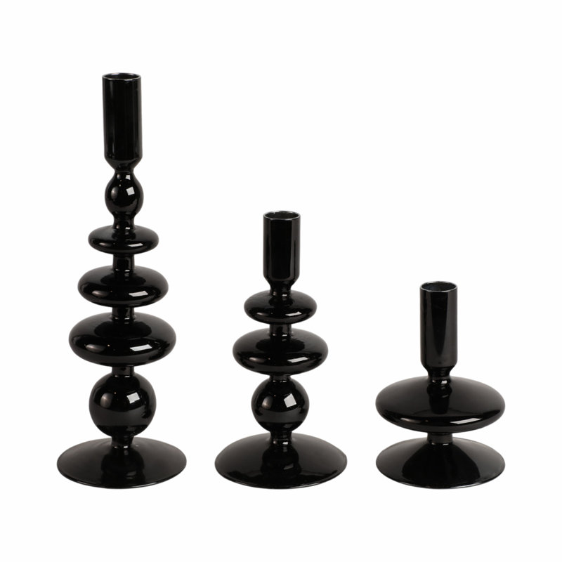 Sculptural 5" Glass Candle Holder - Modern Tabletop Candle Holder with Rounded Accent Base, Black