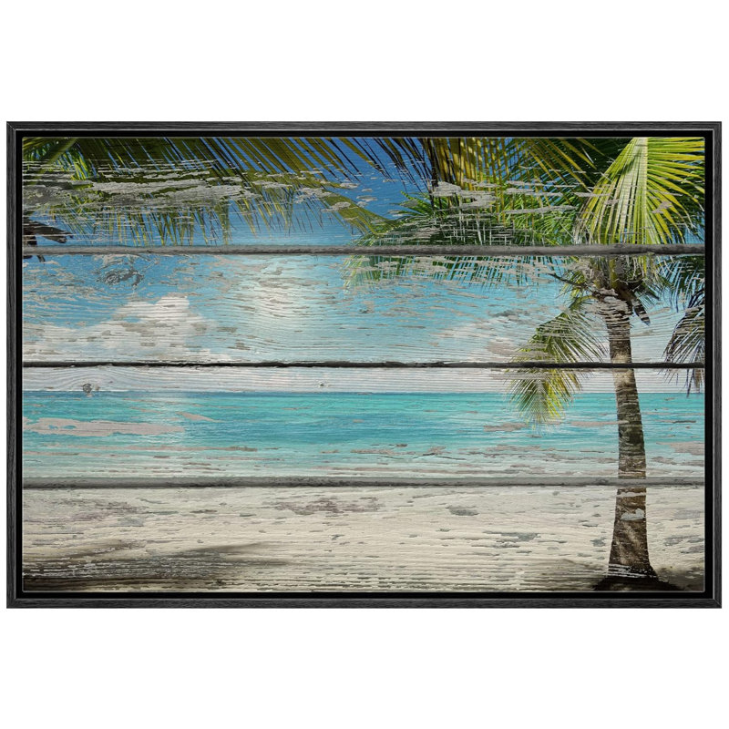 IDÉE 4 WALL - Reproduction d'art sur toile - Plage tropicale avec palmier sur fond en bois rétro - 12 po x 18 po