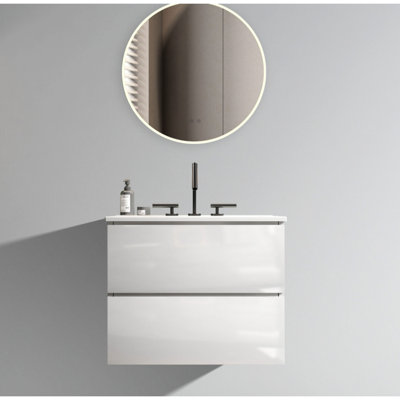 Meuble-lavabo mural blanc brillant de 61 cm (24 po) - Lavabo en céramique, 3 trous pour robinetterie, grand espace de rangement, design silencieux, salle de bain moderne, tiroir