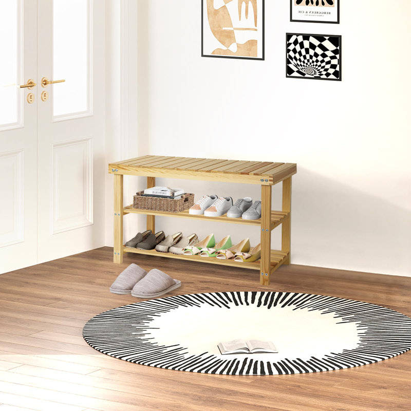 Compact Wood Color-Modern Pine Shoe Rack Bench, 3-Tier Storage