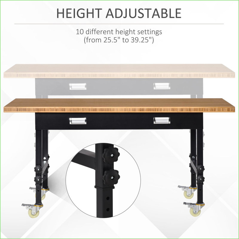 Banc de travail réglable en hauteur de 59 po avec tiroir et roues verrouillables d'une capacité de 1320 lb, noir / naturel | Bambou | Bois naturel