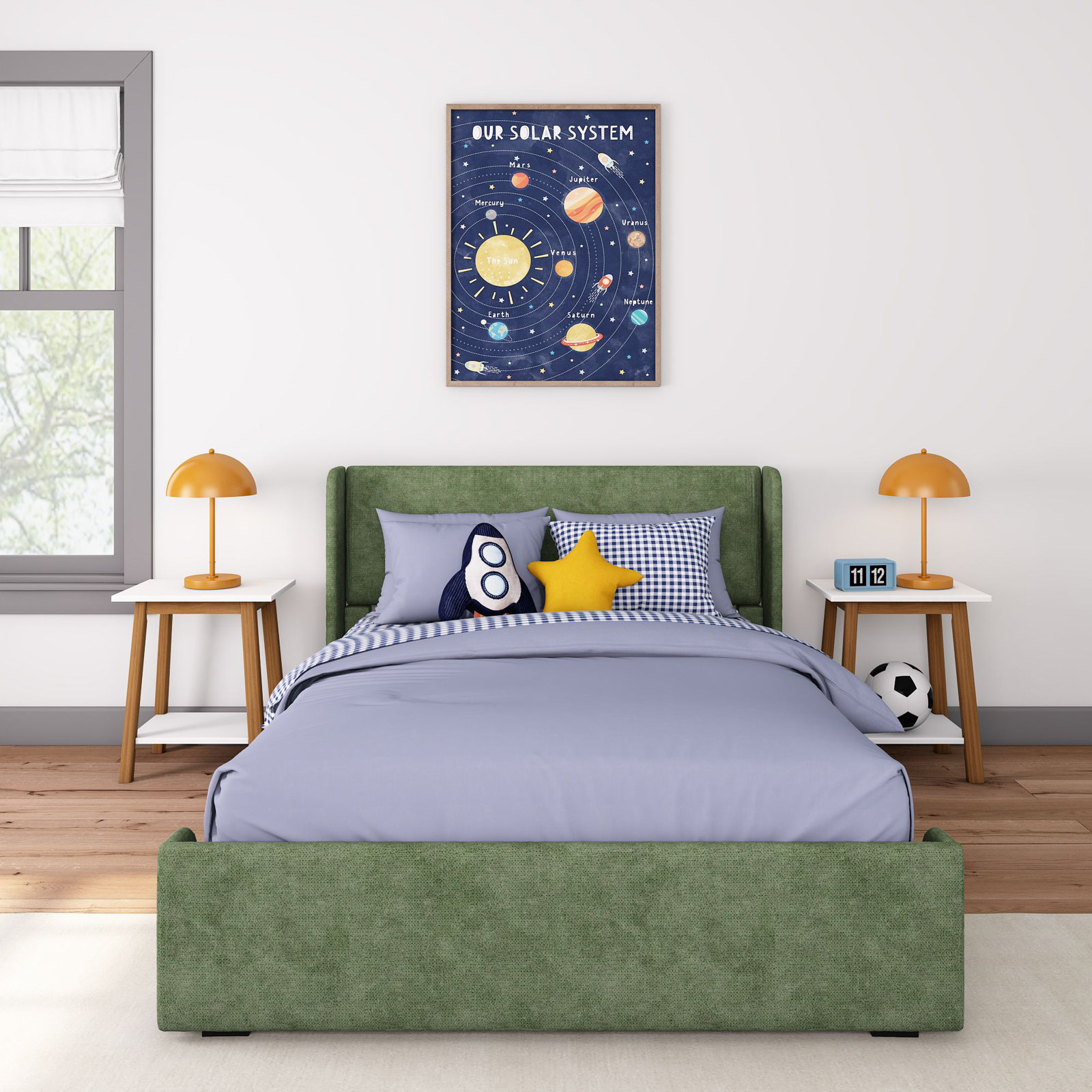 Solid Wood Upholstered Panel Bed, Full, Green