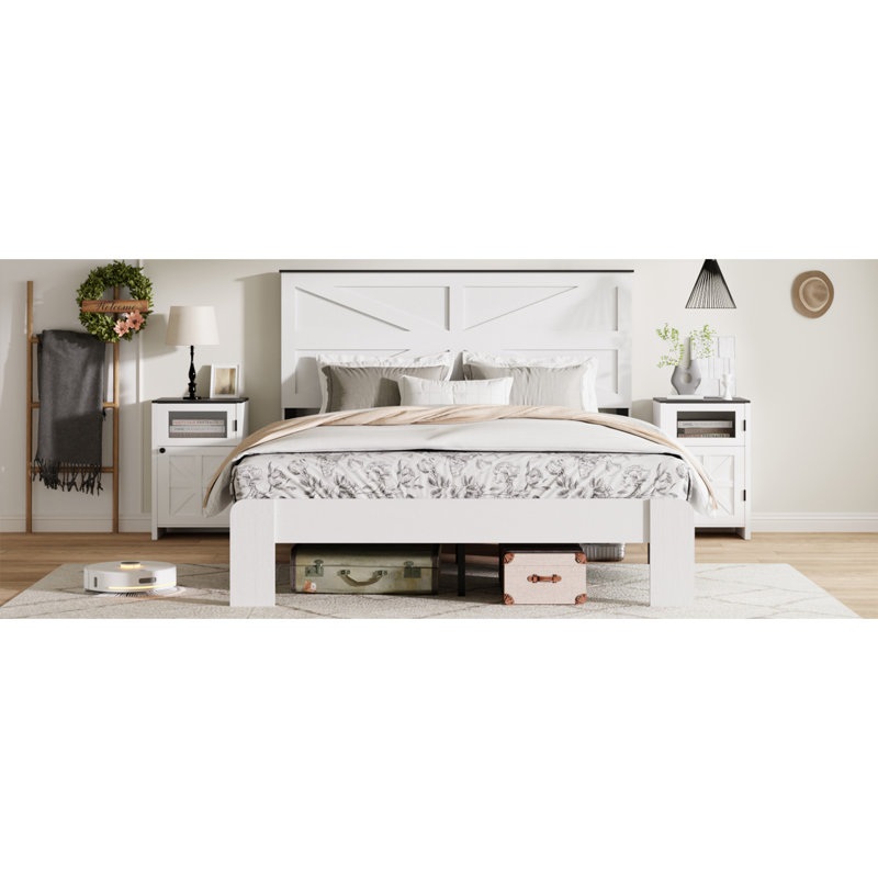 King Bed Frame Headboard , Wood Platform Bed Frame , Noise Free,No Box Spring Needed And Easy Assembly Tool,Large Under Bed Storage,White