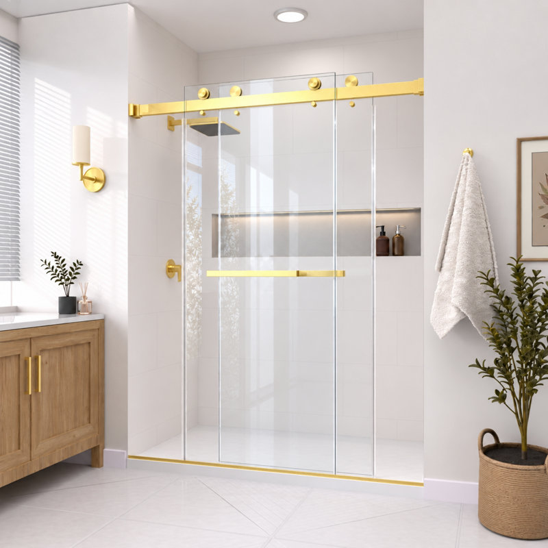 Porte de douche coulissante double sans cadre Catalyst 44'-49' L x 84' H, fini or brossé, verre clair 3/8"., Or brossé
