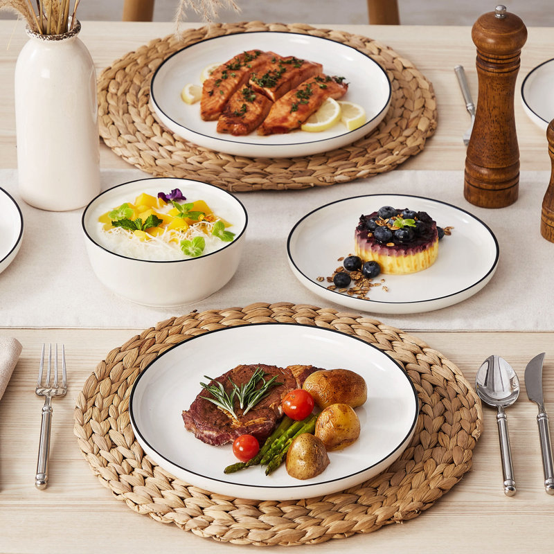 12-Piece Ceramic Dinnerware Set, White/Black