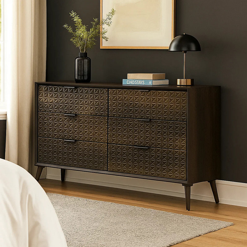 Commode large Fel, 6 tiroirs, brun foncé, noir
