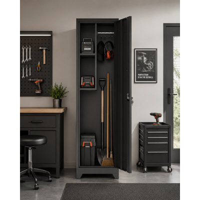65 Inch Slim Lockable Metal Storage Cabinet, Tall Narrow Utility Organizer with Hanging Rod & Fixed Shelves, Ventilated Cabinet for Garage, Laundry & Entryway