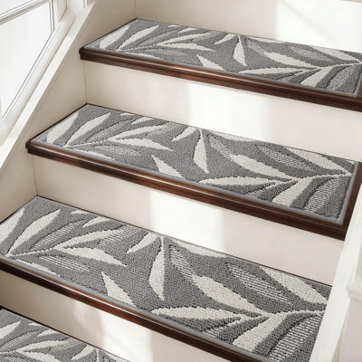 Gray 3D Leaf Pattern Carpet Stair Treads for Indoor Steps