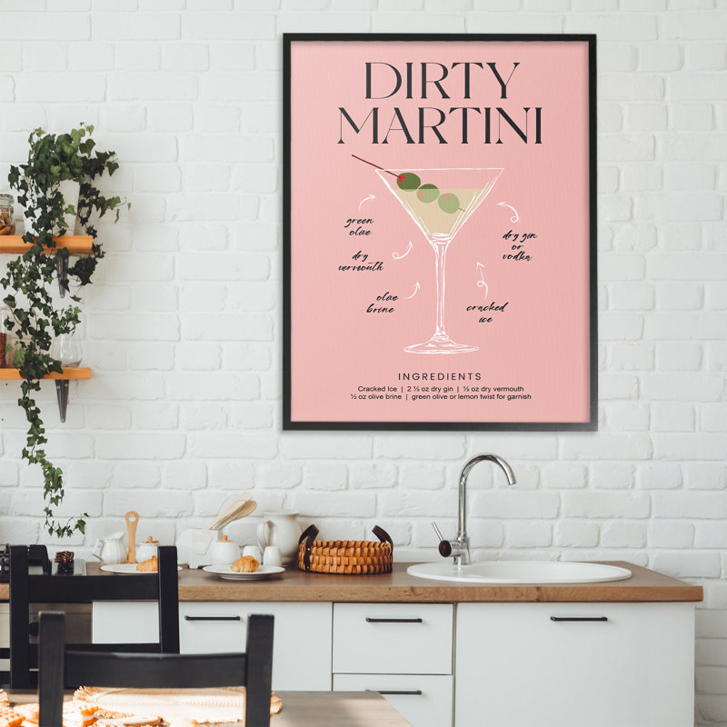 «Dirty Martini», recette giclée encadrée rose, design par lettré et doublé, H 30 po x l 24 po, Giclée encadrée noir minuit