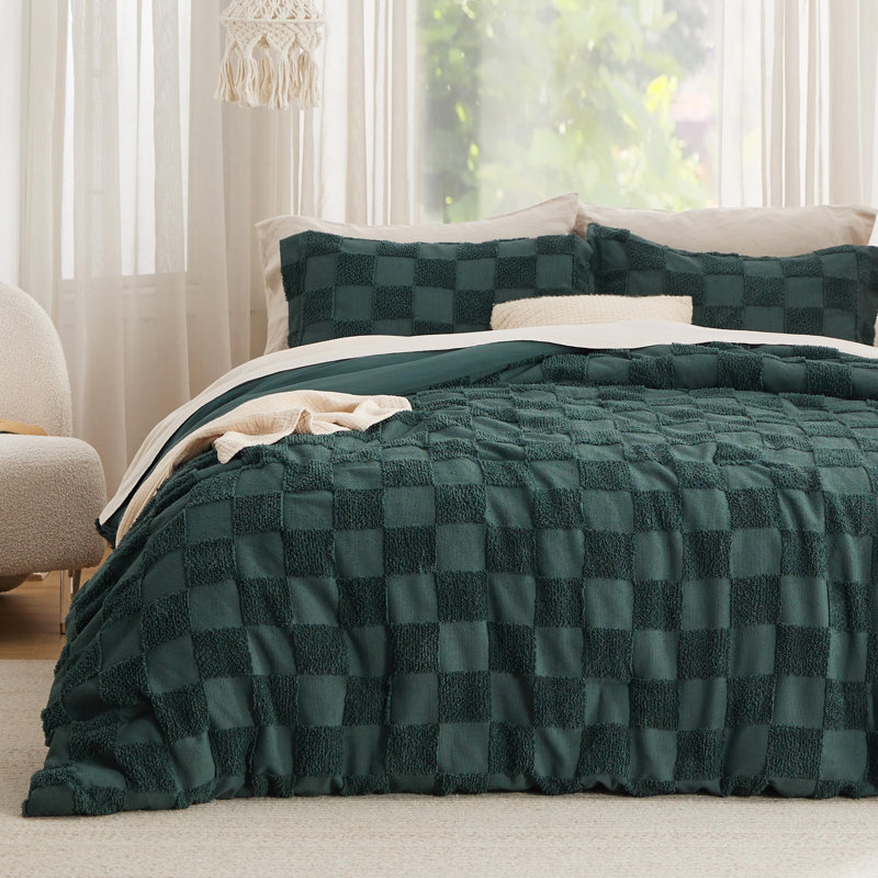 Bedsure Twin Comforter Set Emerald, Boho Tufted Bed Set, Checkered Farmhouse Shabby Chic Bedding, 2 Pieces, 1 Plaid Geometric Comforter and 1 Pillow Sham