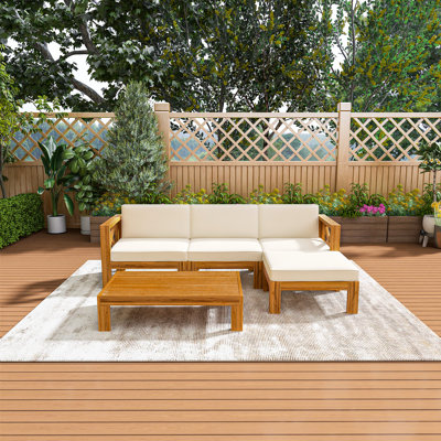 Ensemble de canapé modulaire d'extérieur en bois d'acacia 5 pièces, meubles de patio avec 4 coussins, 3 coussins de dossier, 2 canapés d'angle, 1 canapé sans accoudoirs, 1 repose-pieds et 1 table à thé, idéal pour la cour, le jardin, la terrasse et la piscine, finition naturelle + beige