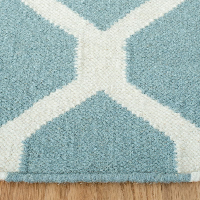Dhurrie Hand Woven Flat Weave Wool/Cotton Geometric Rug in Light Blue/Ivory, Runner 2'6" x 12'