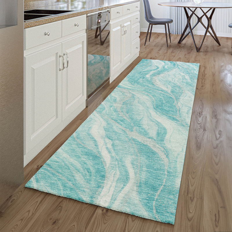 Premium Machine Washable Prisco Teal Rug, Runner 2'3" x 7'6"