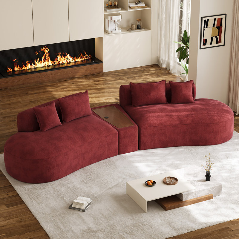 Canapé modulaire en chenille de 153 po de largeur avec table basse à chargement rapide, Red Chenille