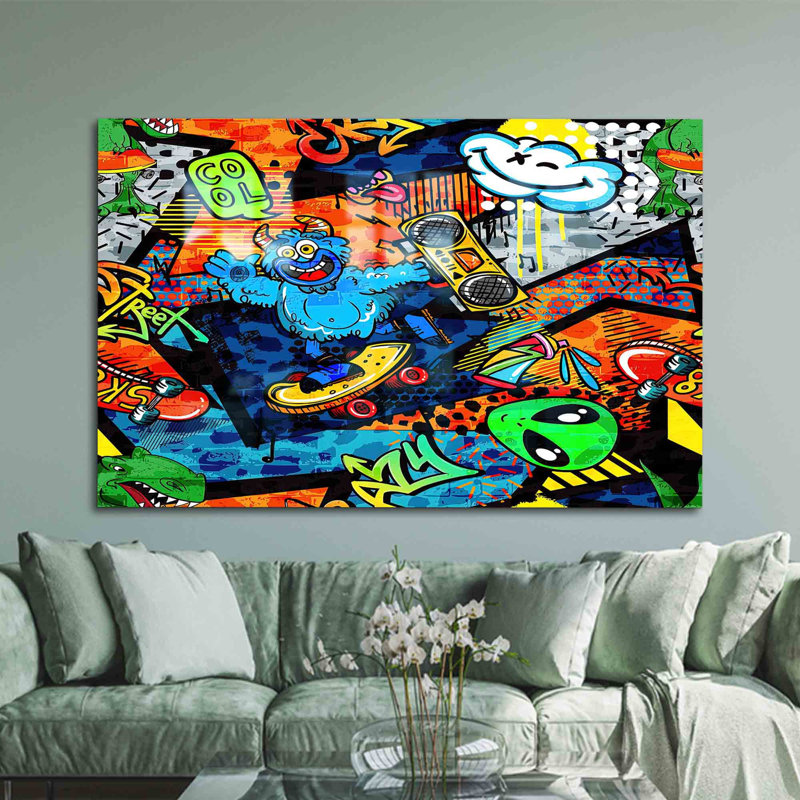 Adorable art graffiti sur un thème de monstre imprimé sur un verre de haute qualité pour une décoration murale unique et ludique