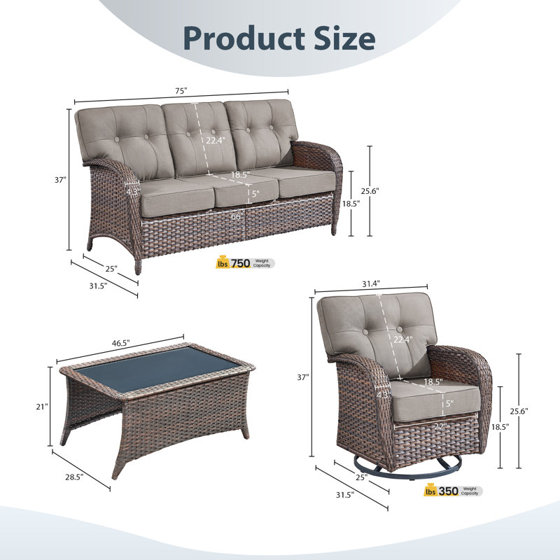 Ensemble de meubles de patio 6 pièces, ensemble de sièges d'extérieur toutes saisons avec chaises pivotantes, Gris