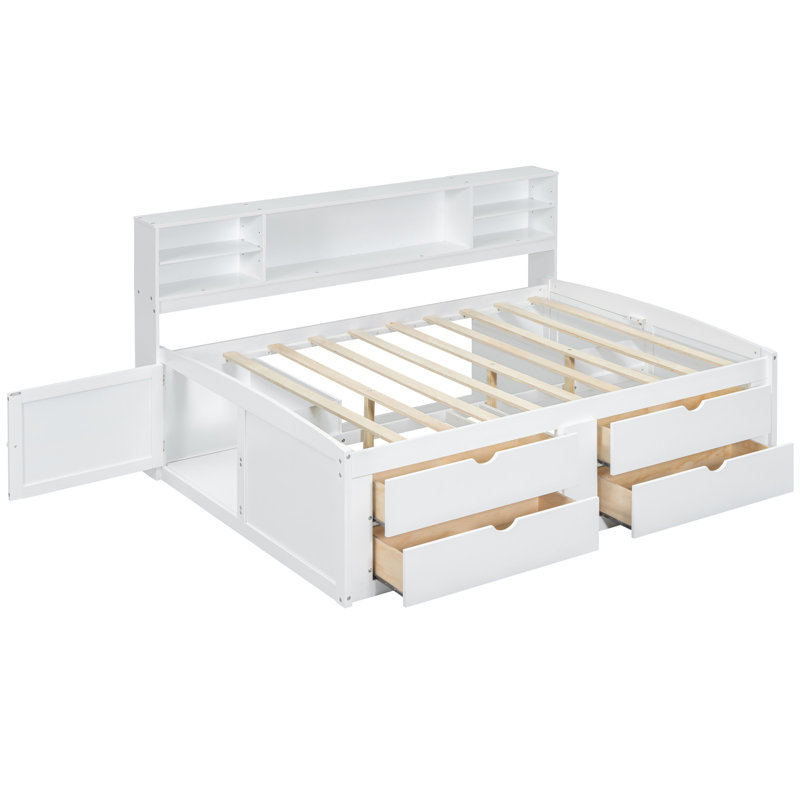 Lit de jour pleine grandeur en bois blanc avec 2 étagères de rangement de chevet, 4 tiroirs et une tablette supérieure, sophistiquée, permettant de gagner de l'espace, solide, moderne et économique