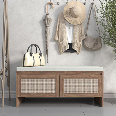 Banc de rangement avec coussin, armoire à chaussures en faux rotin avec 2 portes