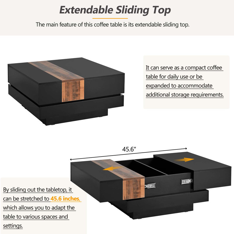 31.4''Square Coffee Table With Sliding Tabletop, High Gloss Centre Table With Hidden Storage Compartment, Black