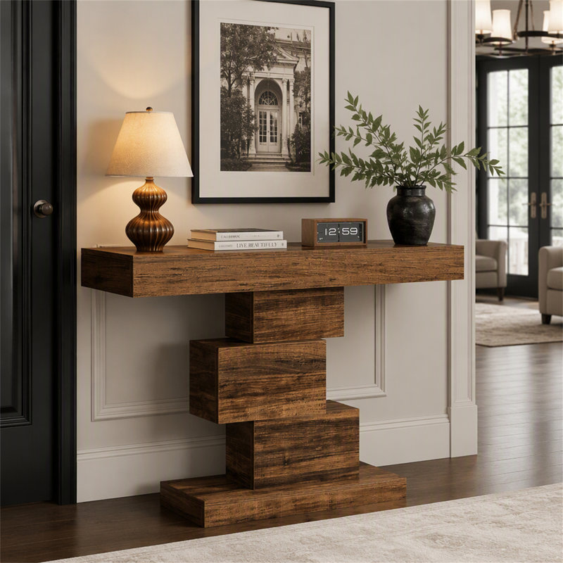 Console de 107 cm (42 po), table d'entrée étroite avec piètement géométrique, Brown