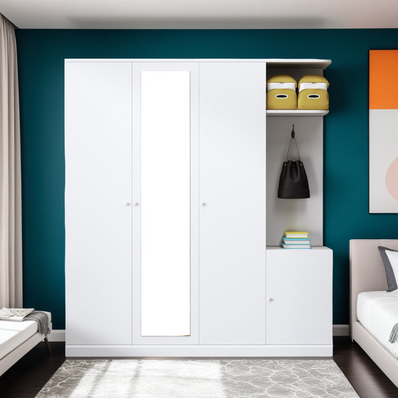 Armoire penderie 4 portes avec tringles suspendues, armoire à chaussures, miroir et tiroir, Blanc