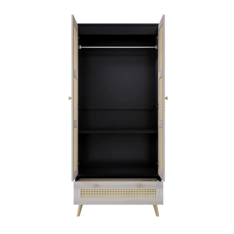 Armoire-penderie Armoire avec 2 portes en rotin et 1 tiroir, armoire de rangement en bois Boho avec tringle pour chambre