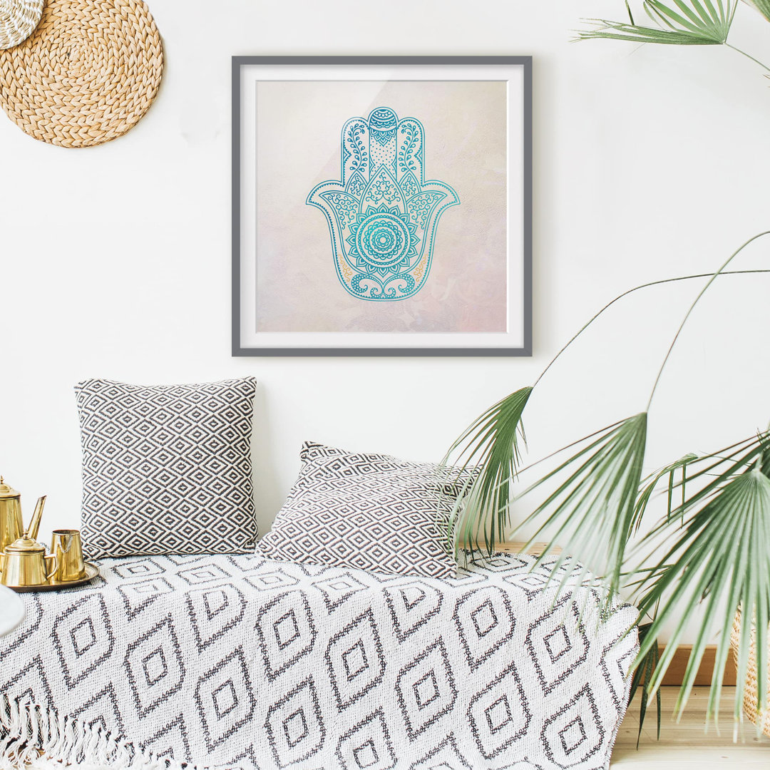 Gerahmtes Plakat-Hamsa-Handillustrations-Mandala-Goldblau