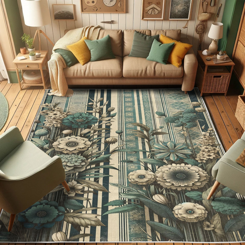 Teal and Ivory Floral Boho Area Rug, 2' 5" x 5'