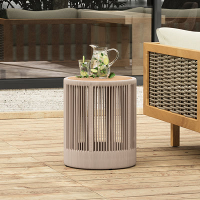 Table d'appoint en bois avec corde pour balcon et jardin - aspect rustique, support de 175 lb, meubles de patio faciles à nettoyer pour espaces extérieurs, cylindrique de 18,21 po, résistant aux égratignures