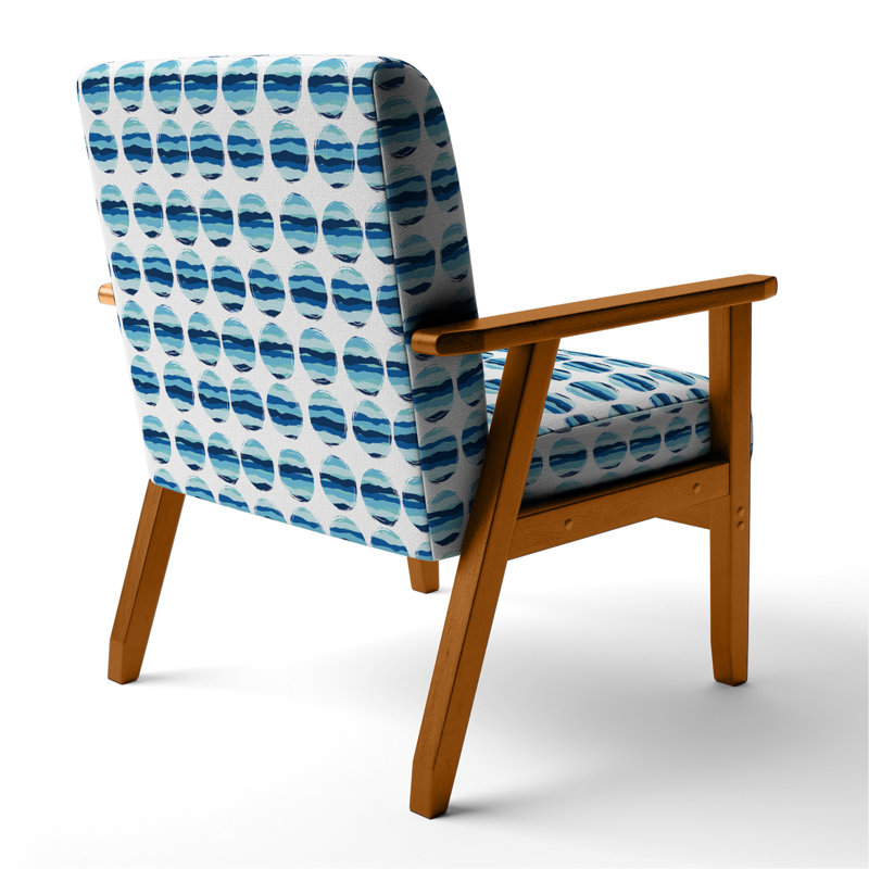 Fauteuil d'appoint rembourré à motif blanc et bleu, Accoudoirs carrés bruns