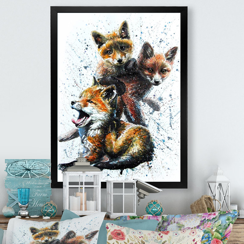 Petits renards - peinture, Cadre photo noir, H 20 po x l 12 po x P 1 po