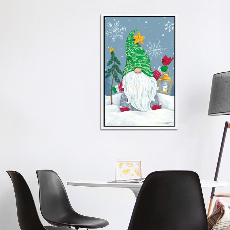 Snowy Gnome With Lantern by Diane Kater - Print on Canvas, 101.6 cm H x 66.04 cm W, White Framed