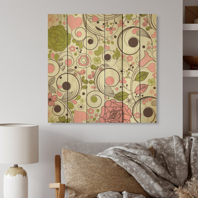 Fleurs rétro en rose et vert - Décoration murale traditionnelle en bois