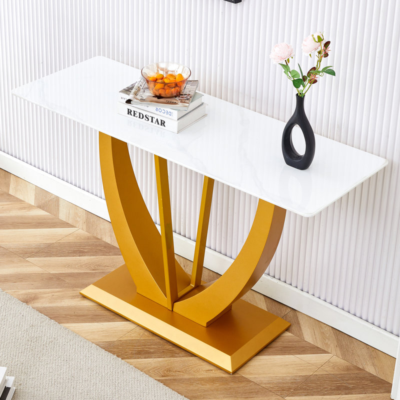 Modern And Simple Rect Rectangular Glass Dining Table With Patterned 0.39" White Top, Gold Legs, Ideal For Entrance And Living Room Decor, Available In White/Transparent + Glass Variants