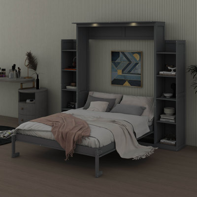 Lit escamotable double pleine grandeur avec tablettes et système d'éclairage à DEL
