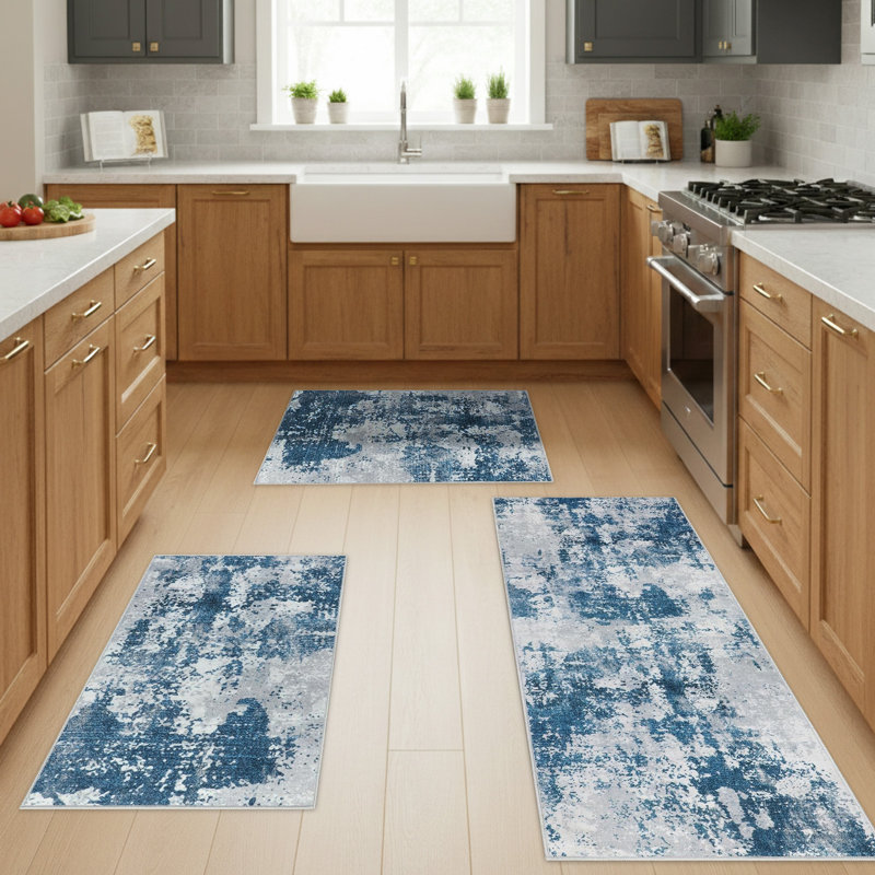 Abstract Polyester Anti-Fatigue Non-Skid Kitchen Mat, Blue/Grey