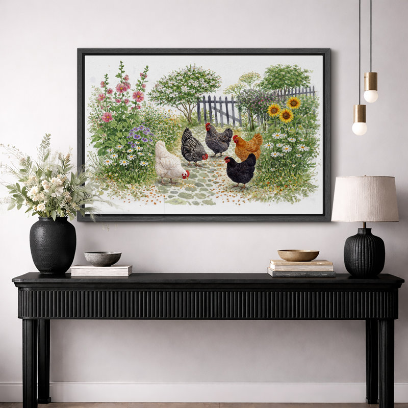 «Hens in Garden», art de la ferme, impression sur toile encadrée, H 24 po x l 36 po x P 1,5 po, Cadre noir