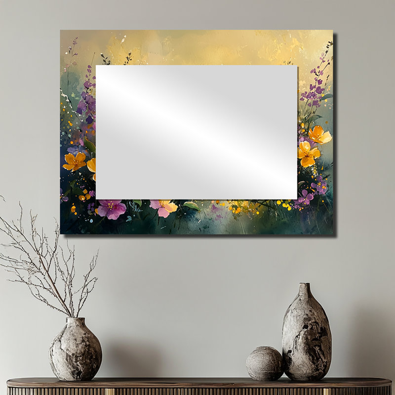Fleurs dorées dorées, horizon verdâtre I - Art mural miroir floral - imprimé sur métal, 24 po x 32 po