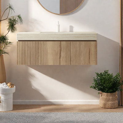 Meuble-lavabo moderne 48 po, structure en bois, gris clair avec beaucoup de rangement