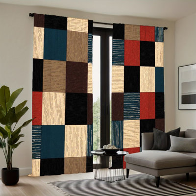 2Pcs Geometric Plaid Curtains, Patchwork Style Rod Pocket Sun Blocking, Modern Rustic Design, All-Season For Living Room Bedroom Study Window Decor