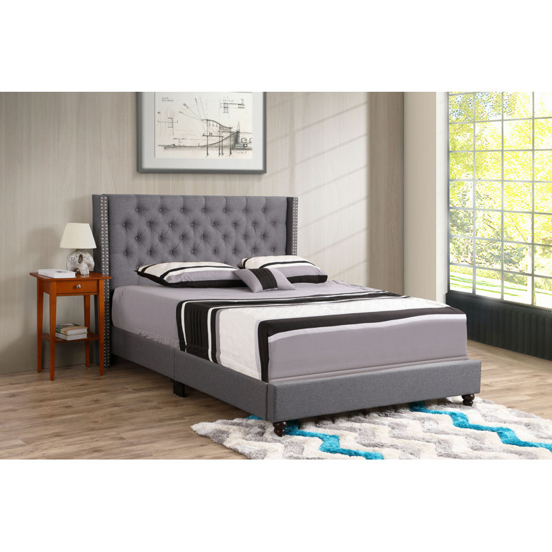 Transitional Upholstered Bed, Grand lit, Gray