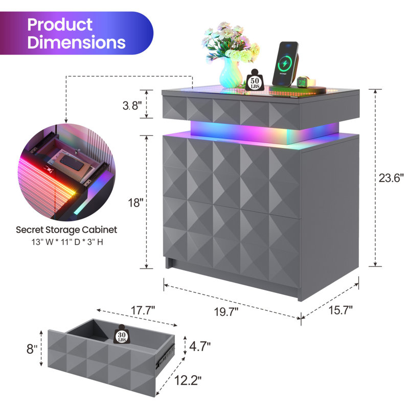 2-Drawer Nightstand with Adjustable RGB Light and Human Body Detection,Fashionable Mirror Visual Design Bedside Table with Charging Station