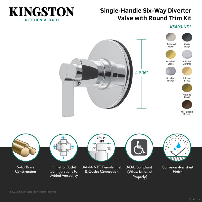 Kingston Brass KS4031NDL Nuvofusion Single-Handle Six-Way Diverter Valve With Trim Kit, Polished Chrome
