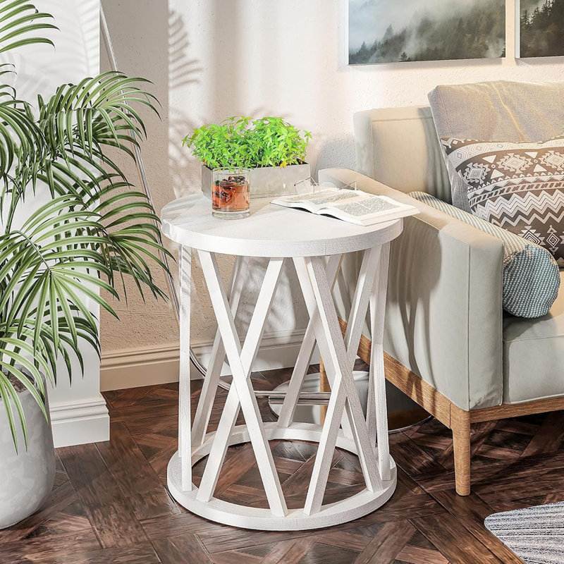 Table de bout rustique rustique avec pieds en X, plateau en bois, blanc antique