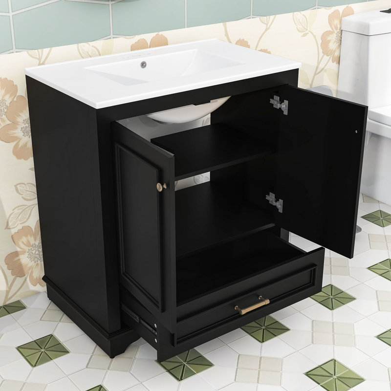 Meuble-lavabo moderne avec lavabo en céramique, tablette réglable et tiroir de rangement, Noir