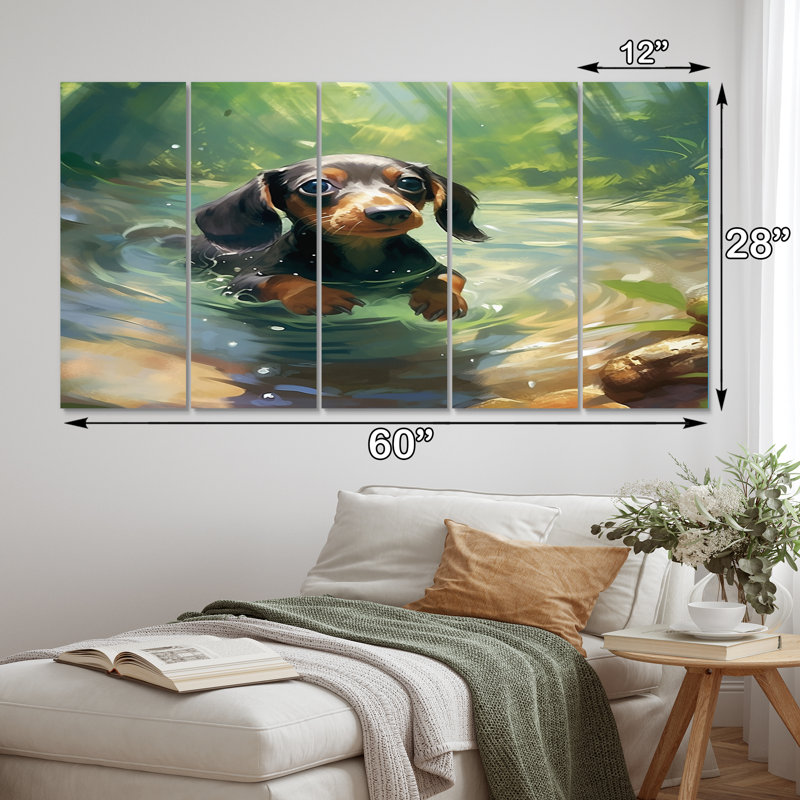 «Black Dachshund's Distinctive - Animals Dog Daschund», reproduction sur toile - 5 panneaux égaux