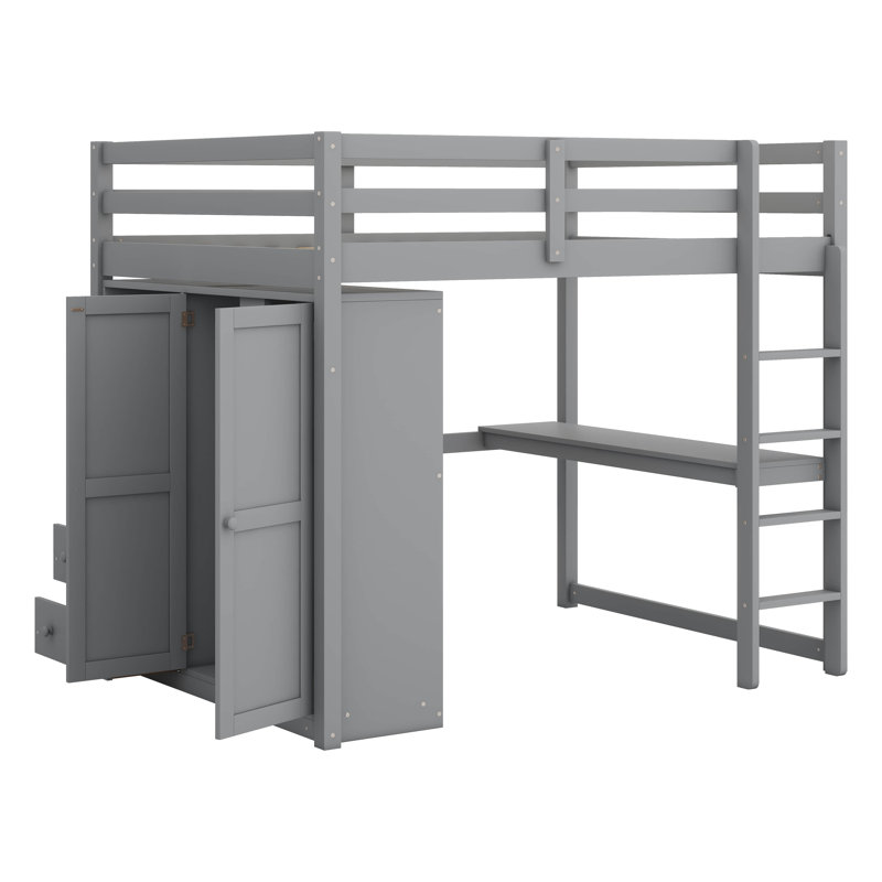 Wood Full Size Loft Bed With 2-Tier Storage Shelves,3 Drawers,Built-In Wardrobe And Desk, Gray