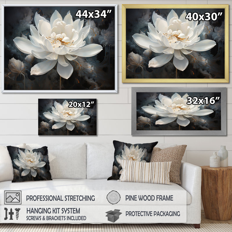 Serenity Blossum Lotus - art mural Lotus, Reproduction avec cadre flottant, H 34 po x l 44 po, Blanc
