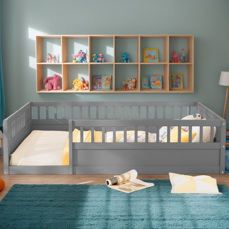 Toddler Floor Bed Frame for Kids，Montessori Bed with High Fence Railings，Wood Playhouse Bed with Rails, Full, Gray